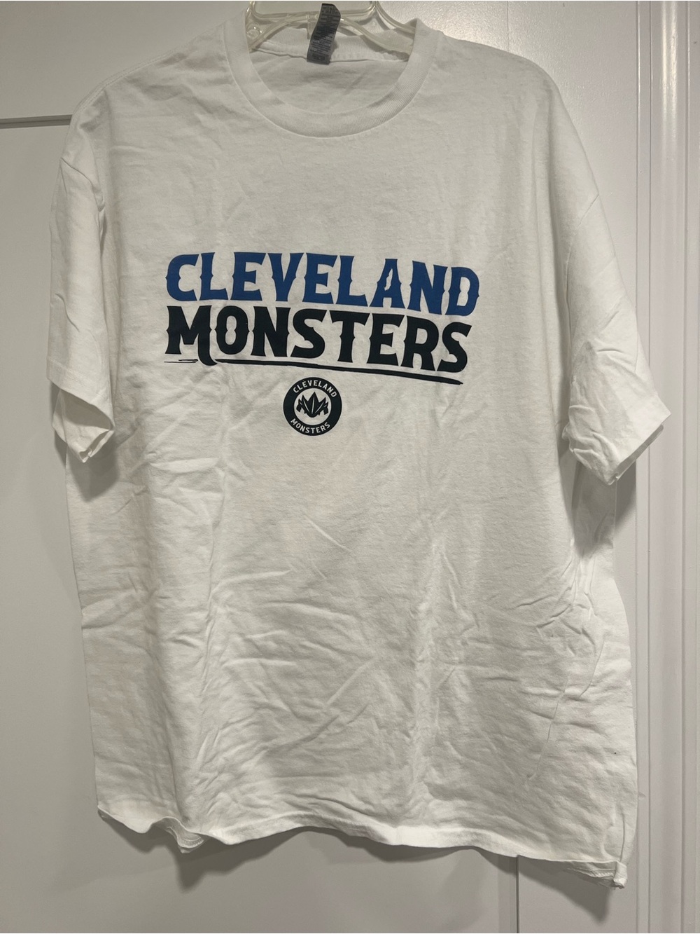 Gildan White Cleveland Monsters Graphic Tee with Blue and Black Print